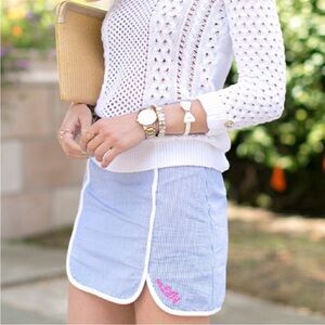 Lilly Pulitzer Cala Seersucker Blue Striped Fitted Skort Embroidered Pink Lilly